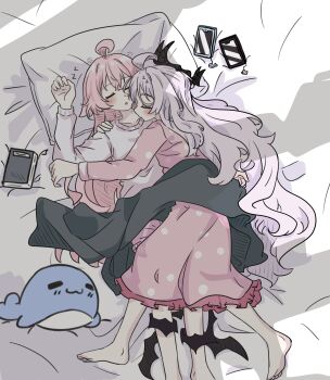 Rule 34 | 2girls, ahoge, barefoot, black horns, black wings, blue archive, book, cellphone, commentary request, demon girl, demon horns, demon wings, dress, e v e neko, highres, hina (blue archive), hina (pajamas) (blue archive), horns, hoshino (blue archive), hug, long hair, long sleeves, multiple girls, no halo on purpose, official alternate costume, pajamas, phone, pillow, pink dress, pink hair, pink pajamas, polka dot, polka dot pajamas, shirt, sleeping, smartphone, white hair, white shirt, wings, yuri, zzz