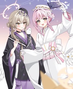 2girls angel_wings animal animal_on_shoulder bird bird_on_shoulder black_hat black_kimono blue_archive blush brown_hair cellphone collarbone commentary_request feathered_wings gloves hair_bun halo hat hayami_kaname highres holding holding_phone japanese_clothes kimono long_hair long_sleeves looking_at_another low_wings mika_(blue_archive) multiple_girls nagisa_(blue_archive) open_mouth parted_lips phone pink_hair pink_halo seia_(blue_archive) selfie sidelocks smartphone smile tea_party_(blue_archive) tilted_headwear white_gloves white_halo white_hat white_kimono white_wings wide_sleeves wing_ornament wings yellow_halo