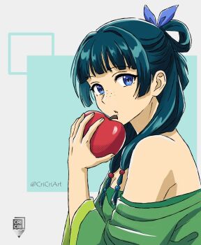 Rule 34 | 1girl, apple, artist logo, artist name, bare shoulders, blue eyes, commentary, crispslyn, dress, english commentary, food, freckles, from side, fruit, green dress, green hair, highres, holding, holding food, holding fruit, kusuriya no hitorigoto, logo, long hair, looking at viewer, maomao (kusuriya no hitorigoto), solo, twintails, upper body
