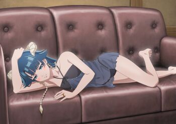 1girl absurdres babydoll barefoot black_babydoll black_panties blue_eyes blue_hair blush closed_mouth commentary_request couch highres horns jewelry kekkon_yubiwa_monogatari lying official_art on_couch on_side panties ring saphir_maasa solo underwear