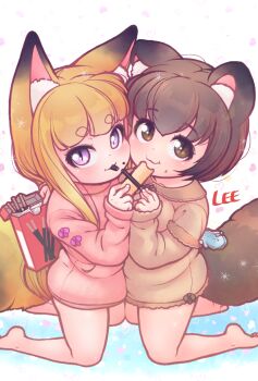 2girls :3 animal_ear_fluff animal_ears barefoot blonde_hair blush bottomless brown_eyes brown_hair brown_sweater cheek-to-cheek commentary_request eating face-to-face feeding feet food fox_ears fox_girl fox_tail heads_together kneeling komugi_(lee) lee_(colt) loli long_hair miku_(lee) multiple_girls no_shoes original pink_eyes pink_sweater pocky pocky_day raccoon_ears raccoon_girl raccoon_tail short_hair shorts slit_pupils smile sweater tail