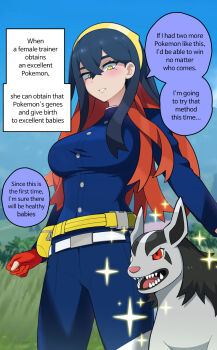 1girl alternate_language bestiality black_hair blush breasts breeding carmine_(pokemon) colored_inner_hair crossed_bangs dr.orga english_text eyelashes fluffy gen_3_pokemon hair_between_eyes hairband highres large_breasts long_hair mightyena mole mole_under_eye multicolored_hair nintendo open_mouth pokemon pokemon_(creature) pokemon_sv red_hair smile speech_bubble two-tone_hair yellow_eyes yellow_hairband