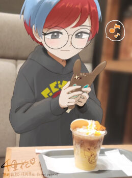 Rule 34 | 1girl, blue hair, blurry, blurry background, blush, camera flash, cellphone, closed mouth, commentary request, cup, disposable cup, drink, eevee, eyelashes, gen 1 pokemon, gen 4 pokemon, glasses, grey eyes, grey hoodie, holding, holding phone, hood, hood down, hoodie, long sleeves, multicolored hair, musical note, nintendo, penny (pokemon), phone, photo background, pikachu, pokemon, pokemon sv, red hair, rotom, rotom phone, round eyewear, senri pk (swpu7847), short hair, signature, smartphone, smile, solo, speech bubble, spoken musical note, taking picture, tray, two-tone hair, upper body, very short hair