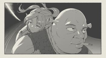 1boy 1girl bald cigarette closed_mouth commentary crossover driving elf english_commentary expressionless fallen_angels_(movie) floating_hair frieren greyscale highres hong_kong hug long_hair medium_hair meme monochrome motor_vehicle motorcycle ogre on_motorcycle parody pointy_ears riding shrek shrek_(series) smoking sousou_no_frieren tunnel twintails tyrone vest what