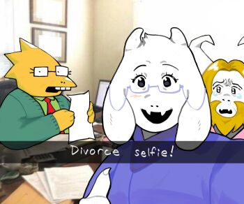 1boy 2girls :d alphys asgore_dreemurr computer crying crying_with_eyes_open cup deltarune divorce_selfie_(meme) dress english_text furry green_shirt highres indoors meme mug multiple_girls necktie office open_mouth papers photo_background purple_dress qroken rectangular_eyewear red_necktie selfie semi-rimless_eyewear shirt smile tears toriel under-rim_eyewear utdr_(toby_fox)