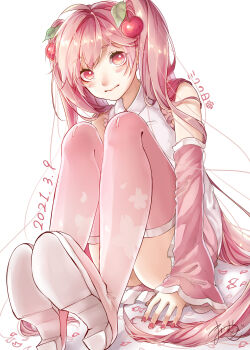 Rule 34 | 1girl, absurdres, blush, boots, breasts, cherry hair ornament, closed mouth, collared shirt, commentary request, food-themed hair ornament, hair between eyes, hair ornament, hatsune miku, highres, long hair, looking at viewer, mai mugi, medium breasts, miku day, necktie, official alternate costume, petals, pink boots, pink eyes, pink hair, pink necktie, pink shirt, sakura miku, shirt, signature, simple background, sitting, sleeveless, sleeveless shirt, smile, solo, thigh boots, twintails, upper body, very long hair, vocaloid, white background, white shirt, wide sleeves