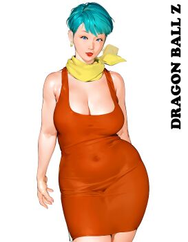 1girl aqua_hair blue_eyes blue_hair breasts bulma character_name cleavage covered_navel dress earrings jewelry kill_the_king large_breasts lips lipstick looking_at_viewer makeup mature_female scarf short_hair simple_background smile solo white_background