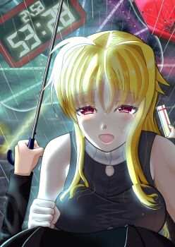 1girl artist_request bare_shoulders blonde_hair box breasts clock commentary_request crying crying_with_eyes_open digital_clock fate_testarossa gift gift_box hair_between_eyes hair_intakes highres holding holding_gift holding_umbrella large_breasts long_hair long_sidelocks looking_at_viewer looking_up lyrical_nanoha mahou_shoujo_lyrical_nanoha_strikers open_mouth pov pov_hands rain red_eyes sidelocks sleeveless solo_focus tears umbrella water_drop wet wet_clothes wispy_bangs