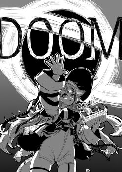 1girl absurdres black_hole book breasts english_text eyelashes fettuccinebro greyscale hashtag-only_commentary high-waist_shorts highres holding holding_book hololive hololive_english jacket long_hair long_sleeves mage_arena monochrome open_clothes open_jacket open_mouth outstretched_arm raora_panthera shirt shorts solo virtual_youtuber