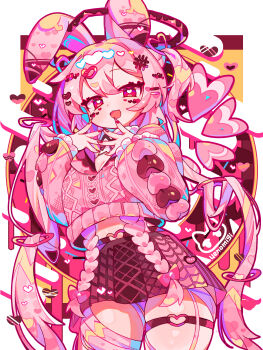 Rule 34 | 1girl, absurdres, animal ears, artist logo, blush, bow, bright pupils, commentary request, cowboy shot, cropped sweater, donut, floppy ears, food, hair between eyes, hair ornament, hairclip, hands up, heart, heart-shaped pupils, heart hair ornament, highres, logo, long hair, long sleeves, looking at viewer, multicolored hair, multicolored nails, nail polish, o-ring, o-ring thigh strap, open mouth, original, pink hair, pleated skirt, puffy long sleeves, puffy sleeves, rabbit ears, red eyes, red nails, shiki (uenomigi), skindentation, skirt, solo, sweater, symbol-shaped pupils, thigh strap, too many hair ornaments, uenomigi, valentine, variant set, very long hair, white pupils