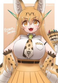 animal_ears animal_print bare_shoulders belt blonde_hair bow brown_belt cat_ears cat_print collared_shirt commentary cowboy_shot dragon_girl dragon_horns dragon_serval_(kemono_friends) dragon_tail extra_ears fang frilled_gloves frills gloves hair_between_eyes hands_on_own_hips high-waist_skirt highres horns kemono_friends long_hair looking_at_viewer necktie open_mouth pleated_skirt print_bow print_gloves print_necktie shirt sidelocks skirt sleeveless slit_pupils smile tail tail_bow tail_ornament white_shirt yellow_eyes yellow_gloves yellow_necktie yellow_skirt yonkuron