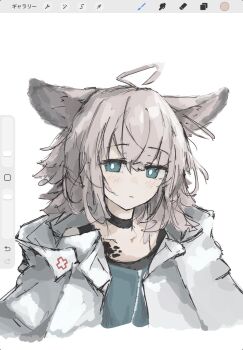 1girl :| ahoge animal_ears arknights art_program_in_frame black_choker blue_eyes blue_shirt bright_pupils choker closed_mouth commentary cropped_torso cross expressionless fox_ears fox_girl greek_cross grey_hair hair_between_eyes highres hood hood_down hooded_jacket infection_monitor_(arknights) jacket kuramidomoyasi looking_at_viewer open_clothes open_jacket shirt simple_background sketch solo sussurro_(arknights) upper_body user_interface white_background white_jacket white_pupils