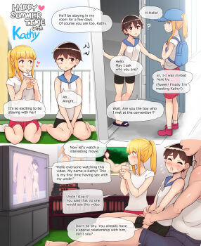 1girl 2boys ? abubu bare_arms barefoot black_hair blonde_hair blunt_bangs blush brown_hair door drinking drinking_straw drinking_straw_in_mouth english_text engrish_text flying_sweatdrops heart highres incest indoors kathy_(abubu) loli looking_at_another male_pubic_hair medium_hair multiple_boys older_male_and_younger_female older_male_and_younger_male original penis ponytail pornography poster_(object) pubic_hair ranguage shirt short_hair shota sidelocks sitting sleeveless sleeveless_shirt speech_bubble standing straw sweat t-shirt television thought_bubble tomboy trap uncle_and_niece wariza