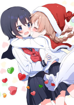 2girls arms_around_neck black_hair black_sailor_collar black_skirt blue_eyes blush braid brown_hair buchi_(y0u0ri_) christmas closed_eyes commentary_request hat heart highres multiple_girls neckerchief open_mouth original pleated_skirt red_hat red_neckerchief sailor_collar santa_hat school_uniform serafuku shirt short_hair simple_background skirt smile twin_braids white_background white_shirt yuri