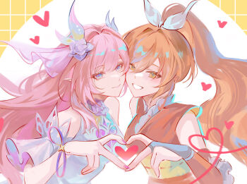 2girls bare_shoulders black_bridal_gauntlets bridal_gauntlets closed_mouth commentary crunchyroll cyrene_(honkai:_star_rail) cyrene_(ripples_of_past_reverie)_(honkai:_star_rail) english_commentary english_text fingernails hair_ornament hair_ribbon hand_up heart heart_hands heart_hands_duo highres hime_(crunchyroll) honkai:_star_rail honkai_(series) japanese_clothes jessica_wijaya long_hair looking_at_viewer multiple_girls nail_polish orange_hair pink_hair pink_nails pointy_ears ponytail purple_eyes ribbon sidelocks smile upper_body white_ribbon