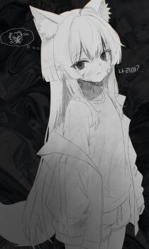 1girl animal_ears bags_under_eyes bandaid bandaid_on_neck blood blood_from_forehead blood_on_face cuts empty_eyes fox_ears fox_girl fox_tail gauze gauze_on_cheek greyscale highres injury jacket leeleo_25 long_hair long_sleeves looking_at_viewer monochrome off_shoulder open_clothes open_jacket parted_lips shirt short_shorts shorts sidelocks stellive tail tenko_shibuki very_long_hair virtual_youtuber