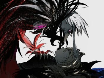 1boy 1girl alternate_costume alternate_universe animal_ears armor beak bent_over bird_girl blue_cape cape closed_mouth collared_cape couple dimitri_alexandre_blaiddyd dimitri_alexandre_blaiddyd_(blue_lion) dimitri_alexandre_blaiddyd_(timeskip) edelgard_von_hresvelg edelgard_von_hresvelg_(timeskip) eyepatch feathers fighting fire_emblem fire_emblem:_three_houses fire_emblem_shadows formal_clothes from_side fur_trim furry furry_female girl_on_top glowing glowing_eyes grey_background hair_between_eyes highres leaning_forward liangle lion_boy lion_ears looking_down looking_up messy_hair monster_girl nintendo official_alternate_costume purple_eyes red_cape shade shaded_face suit upper_body