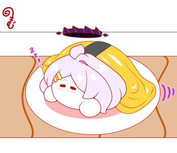 ahoge blue_archive blush chibi closed_eyes closed_mouth conveyor_belt_sushi food grey_hair hair_ornament hairclip halo highres hina_(blue_archive) in_food kurukurumagical long_hair motion_lines parted_bangs plate single_hair_intake sleeping solo sushi very_long_hair white_background zzz
