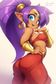 1girl arabian_clothes arched_back artist_name ass azuretto bandeau bare_shoulders blue_eyes closed_eyes commission cowboy_shot dark-skinned_female dark_skin earrings female_focus forehead_jewel from_below from_side gradient_background grey_background hand_on_own_hip hand_up jewelry long_hair looking_at_viewer looking_down looking_to_the_side midriff open_mouth pants pointy_ears ponytail purple_hair red_bandeau red_pants shantae shantae_(series) simple_background smile solo standing teeth upper_teeth_only