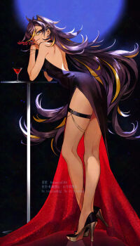 Rule 34 | 1girl, akaneya (akaneya1484), alternate costume, backless dress, backless outfit, blonde streaks, blue eyes, brown hair, closed mouth, cocktail glass, commentary request, cup, dated, dehya (genshin impact), dress, drinking glass, from behind, full body, genshin impact, high heels, highres, leaning forward, looking at viewer, looking back, multicolored hair, signature, solo, standing, streaked hair, thigh strap