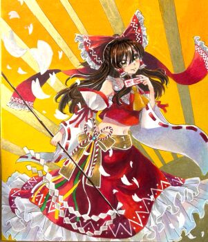 1girl ascot bow brown_eyes brown_hair closed_mouth commentary_request detached_sleeves embellished_costume falling_petals frilled_bow frilled_hair_tubes frilled_skirt frills gohei hair_bow hair_tubes hakurei_reimu holding holding_gohei long_hair looking_at_viewer midriff mitsu~ navel petals red_bow red_skirt ribbon-trimmed_sleeves ribbon_trim skirt skirt_set smile solo touhou traditional_media yellow_ascot yellow_bow
