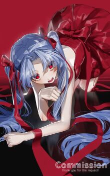 1girl all_fours bare_shoulders blue_hair blush bow commission dress eyelashes fangs hair_bow hair_ribbon highres long_hair looking_at_viewer mau_sakura open_mouth original red_background red_bow red_dress red_eyes red_ribbon ribbon sleeveless sleeveless_dress solo teeth twintails twitter_username very_long_hair