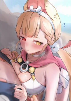 1boy 1girl alice_thymefield alice_thymefield_(sea_of_thyme) animal_ears black_vest blonde_hair blush breasts choker cleavage closed_mouth highres large_breasts long_hair looking_at_viewer looking_to_the_side low_twintails miyai_(myai04) official_alternate_costume one-piece_swimsuit outdoors rabbit_ears rabbit_girl red_eyes swimsuit twintails very_long_hair vest white_choker white_one-piece_swimsuit wise_(peaceful_waves)_(zenless_zone_zero) wise_(zenless_zone_zero) yellow_eyes zenless_zone_zero