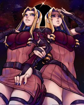 2girls arm_guards armor back-to-back belt blonde_hair blue_eyes boobplate breastplate commentary constance_von_nuvelle constance_von_nuvelle_(timeskip) countgalatea curly_hair drill_hair dual_persona eclipse english_commentary fire_emblem fire_emblem:_three_houses from_below hairband highres lips locked_arms long_hair looking_afar looking_at_viewer looking_down multicolored_hair multiple_girls nail_polish nintendo parted_lips purple_hair purple_nails shading_eyes smug solar_eclipse star_(sky) thigh_strap two-tone_hair worried