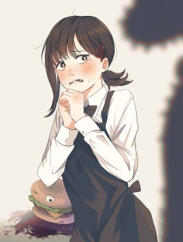 1boy 1girl apron black_apron black_bow black_bowtie black_hair blood blush bow bowtie brown_eyes chainsaw_devil chainsaw_man hair_ornament hairclip higashiyama_kobeni highres mascot_head mole mole_under_eye multiple_moles nervous_sweating ponytail rika_(tan0002) short_ponytail silhouette single_sidelock sweat