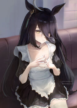 1girl ahoge animal_ears apron black_dress black_hair breasts collar collarbone couch detached_collar dress ear_tag earrings frilled_collar frills hair_between_eyes highres horse_ears horse_girl jewelry long_bangs long_hair long_hair_between_eyes looking_at_viewer maid maid_apron manhattan_cafe_(umamusume) minz_(minh_nguyen) multicolored_hair on_couch short_sleeves single_earring sitting small_breasts solo umamusume white_apron white_hair yellow_eyes