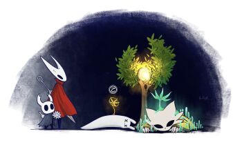 1boy 1girl 1other chinese_commentary cloak commentary death everbloom_(hollow_knight) flower gameplay_mechanics grey_cloak highres holding holding_flower hollow_eyes hollow_knight horned_mask hornet_(hollow_knight) implied_death knight_(hollow_knight) mask needle_(hollow_knight) nine_sols ori_(ori_and_the_blind_forest) ori_and_the_blind_forest rain_world red_cloak slugcat survivor_(rain_world) taoist_rope tree white_flower white_mask xrowling42878 yi_(nine_sols)