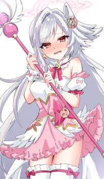 1girl blue_archive bow commentary_request crescent crescent_hair_ornament detached_collar detached_sleeves dress embarrassed fake_wings frilled_skirt frills hair_between_eyes hair_ornament halo head_wings highres holding holding_wand long_hair looking_at_viewer magical_girl mizuhane_(mizuhane_miu) nervous_sweating official_alternate_costume pink_bow pink_dress pink_halo red_eyes single_hair_intake single_head_wing skirt solo suzumi_(blue_archive) suzumi_(magical)_(blue_archive) sweat sweatdrop thighhighs thighs underbust very_long_hair wand white_hair wings wrist_cuffs