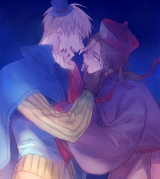 2boys alternate_costume axis_powers_hetalia belt black_gloves black_hair black_hat black_shirt blonde_hair blue_background blue_bow blue_cloak blue_hat bow changpao china_(hetalia) chinese_clothes cloak cowboy_shot fangs gloves green_eyes halloween halloween_costume hand_on_another's_face hand_up hat jiangshi_costume kanmuri_(hanyifan30338) long_hair long_sleeves looking_at_another low_ponytail male_focus mandarin_collar mini_hat multiple_boys open_mouth ponytail puffy_long_sleeves puffy_sleeves red_belt shirt short_hair simple_background smile standing striped_clothes striped_shirt talisman tassel teeth united_kingdom_(hetalia) wide_sleeves yaoi yellow_eyes yellow_shirt