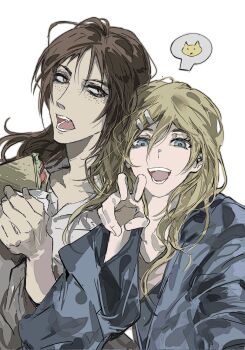 2girls blonde_hair blue_eyes blue_jacket brown_eyes brown_hair cat claw_pose erenjaeger47993 food freckles hair_between_eyes hair_ornament hairclip hashtag-only_commentary highres holding holding_food holding_sandwich jacket krista_lenz long_hair looking_at_viewer multiple_girls open_mouth sandwich shingeki_no_kyojin shirt smile upper_body white_background white_shirt ymir_(shingeki_no_kyojin)