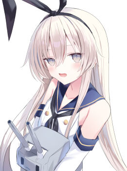 1girl black_hairband black_neckerchief blonde_hair blue_sailor_collar crop_top elbow_gloves gloves grey_eyes hairband highres kantai_collection long_hair looking_at_viewer neckerchief rensouhou-chan sailor_collar shikuro_(iorimiyakiyo) shimakaze_(kancolle) shirt simple_background sleeveless sleeveless_shirt striped_clothes striped_thighhighs thighhighs upper_body white_background white_gloves