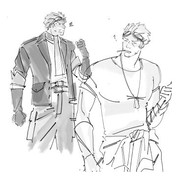 1boy ? ascot cid_highwind clenched_hands clothes_around_waist cowboy_shot dog_tags facial_hair final_fantasy final_fantasy_vii furrowed_brow gloves goggles goggles_on_head greyscale highres jacket lentymet male_focus monochrome multiple_views open_mouth shirt shirt_around_waist short_hair sketch sleeves_rolled_up smile solo squinting stubble white_ascot white_background