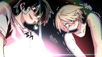 2boys androgynous bandage_on_face bandages bandaid bandaid_on_face bishounen black_eyes black_hair black_tank_top blonde_hair blush creator_connection crossover eyeliner hair_between_eyes high_school_boy highres hong_iltak korean_text lee_hoon looking_at_another makeup male_focus multiple_boys parkgee penis_envy penis_size_difference puff_of_air red_eyeliner red_eyes shirt smile suicide_boy t-shirt tank_top tearing_up trembling video_thumbnail wavy_mouth white_shirt