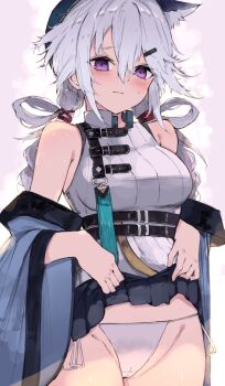 1girl animal_ear_fluff animal_ears arknights bare_shoulders belt beret black_belt black_skirt blue_hat blue_jacket blush braid breasts cameltoe cat_ears cat_girl closed_mouth clothes_lift embarrassed extra_ears grey_hair groin hair_ornament hairclip hat high_belt highres jacket kyuu_(plastic_night_q) lifting_own_clothes long_hair medium_breasts multiple_belts panties pleated_skirt purple_eyes shirt side-tie_panties sidelocks skirt skirt_lift sleeveless sleeveless_shirt solo twin_braids underwear white_panties white_shirt xingzhu_(arknights)