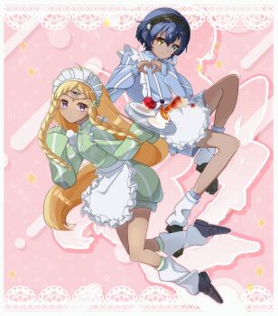 Rule 34 | 1boy, 1girl, alternate costume, apron, black hairband, blonde hair, blue eyes, blue hair, braid, commentary request, dark-skinned female, dark-skinned male, dark skin, eupha (metaphor: refantazio), hairband, heart, heart hands, heterochromia, highres, holding, holding tray, long hair, looking at viewer, maid headdress, metaphor: refantazio, pink background, protagonist (metaphor: refantazio), short hair, sleeves past wrists, smile, third eye, tray, twin braids, waist apron, white apron, yellow eyes, zer00han