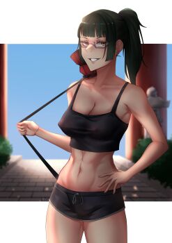 1girl abs absurdres armpits glasses highres jujutsu_kaisen laughing laughing_man_(gits) looking_at_viewer muscular muscular_female ponytail shorts sports_bikini sports_bra strap sweat zen&#039;in_maki