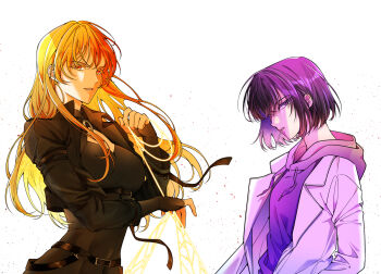 2girls black_bodysuit black_eyes black_gloves black_hair black_jacket bodysuit brown_eyes brown_hair coat commentary fingerless_gloves gloves han_sooyoung highres hood hoodie jacket korean_commentary lollipop_in_mouth long_hair long_sleeves maga_mok23 multiple_girls omniscient_reader's_viewpoint purple_hoodie short_hair white_coat yoo_sangah