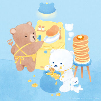 animal animal_focus bear brown_bear butter ceiling_light commentary_request cooking food frying_pan highres holding holding_frying_pan honey honey_dipper honeypot no_humans original pancake pancake_stack polar_bear serico stool stove stuffed_animal stuffed_toy syrup teddy_bear