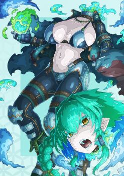 1girl absurdres aqua_hair armor belt bra braid breasts cleavage collar commentary disembodied_head dullahan ectoplasm energy fingerless_gloves full_body gloves green_eyes grey_hair headless highres hkdd99 holding_detached_head jewelry large_breasts long_hair looking_at_viewer metal_bikini metal_bra midriff monster_girl multiple_belts navel open_mouth original pointy_ears scar scar_on_face scar_on_stomach severed_head sharp_teeth short_hair short_hair_with_long_locks sideboob solo stomach teeth tongue twin_braids underwear