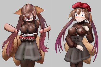 1girl animal_ears anon beret blue_eyes blush breasts brown_dress brown_hair bukkake caleen_keemosn commission cum cum_on_body dress facial fox_ears fox_girl fox_tail hair_ribbon hat hetero highres large_breasts long_hair multiple_boys multiple_tails pantyhose penis ribbon runes solo_focus star_ocean star_ocean:_anamnesis tail twintails very_long_hair