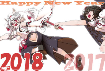 2017 2018 2girls absurdres animal_ear_fluff animal_ears bird_wings black_wings brown_hair chest_sarashi chinese_zodiac clothing_cutout collared_shirt commentary_request detached_sleeves english_text fang grey_hair happy_new_year hat highres hip_vent holding_baton inubashiri_momiji multiple_girls neck_ribbon new_year open_mouth pom_pom_(clothes) red_eyes red_ribbon relay_baton ribbon ribbon-trimmed_sleeves ribbon_trim running sandals sarashi shameimaru_aya shirt smile socks tail taisa061 tokin_hat touhou white_shirt white_socks wings wolf_ears wolf_girl wolf_tail year_of_the_dog year_of_the_rooster