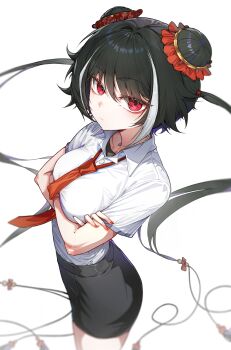 1girl absurdres alternate_costume black_hair black_skirt breasts collared_shirt cowboy_shot crossed_arms double_bun hair_bun highres jeehyung_seo jia_xichun_(project_moon) limbus_company long_hair looking_at_viewer multicolored_hair necktie pink_eyes project_moon red_necktie shirt simple_background skirt solo standing streaked_hair twintails white_background white_shirt