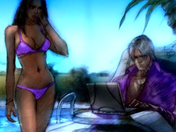 1boy 1girl bikini blue_sky bracelet breasts brown_hair cleavage collared_shirt computer game_cg jewelry kawano_takuji laptop lee_chaolan long_hair namco necklace official_art open_clothes open_shirt palm_tree pool poolside purple_bikini purple_shirt shirt sky swimsuit tekken tekken_4 tree wet white_hair