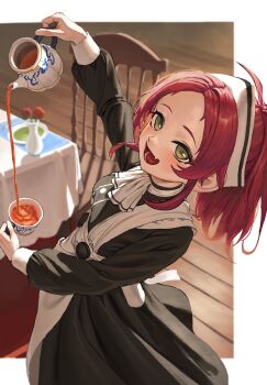 1girl absurdres aisha_greyrat apron ascot black_dress border breasts chair commentary_request cup decantering dress drinking_glass fang flower from_side gktgktep green_eyes highres holding holding_cup holding_teapot light_blush long_sleeves looking_at_viewer maid maid_apron mushoku_tensei open_mouth outside_border ponytail pouring red_flower red_hair skin_fang small_breasts smile solo table tea teacup teapot vase white_apron white_ascot white_border white_headdress wooden_floor