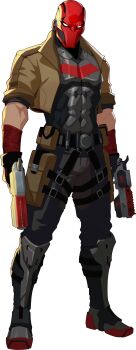 1boy absurdres armor bandaged_arm bandages bat_signal batman_(series) batman_symbol black_bodysuit black_gloves bodysuit boots brown_jacket dc:_dark_legion dc_comics dual_wielding full_body gloves grey_bodysuit gun handgun highres holding holding_gun holding_weapon holster jacket jason_todd male_focus mask multicolored_bodysuit multiple_weapons muscular muscular_male official_art open_clothes pants red_hood_(dc) red_mask solo superhero_costume taut_bodysuit thigh_holster transparent_background two-tone_bodysuit weapon