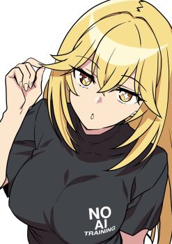 Rule 34 | 1girl, black shirt, blonde hair, breasts, commentary, crossed bangs, hair between eyes, highres, large breasts, long hair, looking at viewer, open mouth, playing with own hair, r harbinger, shirt, shokuhou misaki, short sleeves, solo, star-shaped pupils, star (symbol), symbol-shaped pupils, toaru kagaku no mental out, toaru kagaku no railgun, toaru majutsu no index, upper body, very long hair, white background, yellow eyes